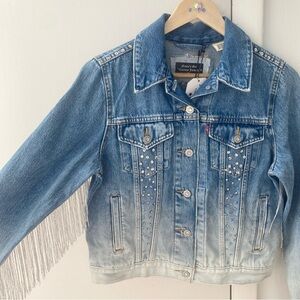 S - Custom Denim Jacket- Rhinestone Western Cowgirl Fringe Blue Crystals